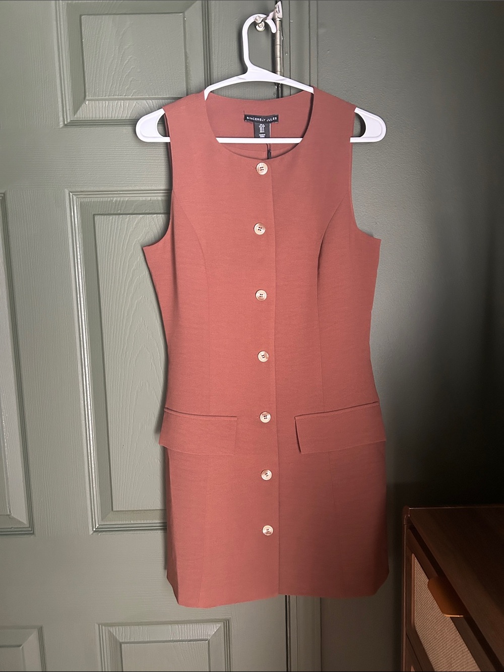Sincerely Jules Sleeveless Button-Front Mini Dress in Terracotta